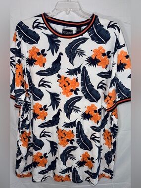 Men’s Tropical Floral Tee Orange & Navy on White 3X